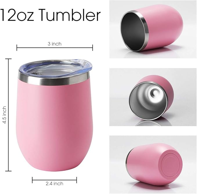 HASLE OUTFITTERS 12oz Wine Tumbler with Lid Stemless Wine Glasses Double Wall Vacuum Travel Mugs stainless steel Coffee Cup for Cold & Hot Drinks Wine Coffee Cocktails Beer 6 Pack Pink