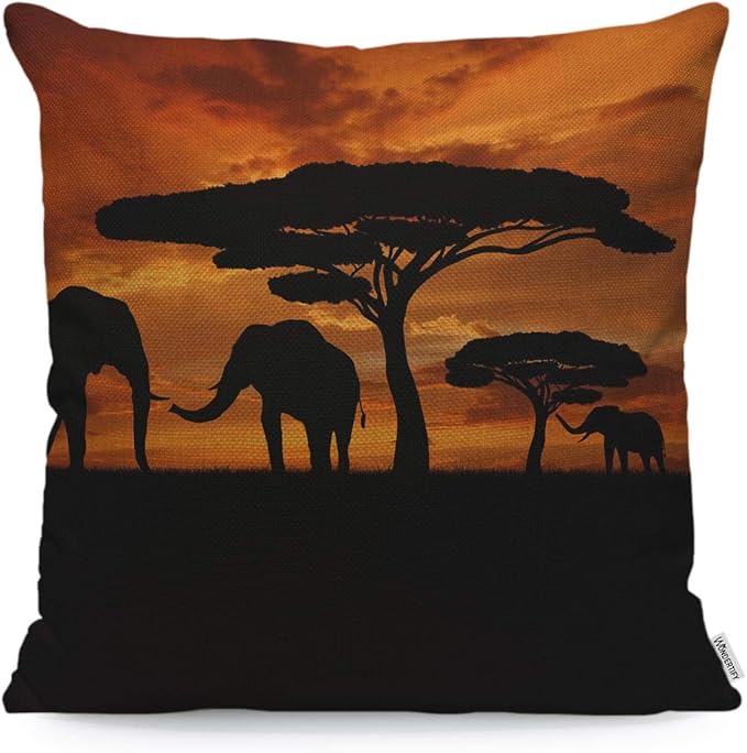 WONDERTIFY Throw Pillow Cover Case African Animal Elephants Family Walk Sunset,Soft Linen Pillow Case for Decorative Bedroom/Livingroom/Sofa/Farm House,Couch Pillow Cushion Covers 18x18 Inch 45x45 cm