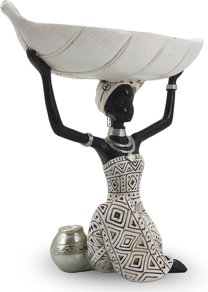 African Tribal Lady Holders Figurine, African Statue Home Decoration, Sculptures Table top Bookshelf Decor for Wedding,Church,Holiday Decor-African Decorative White Color(313-B)