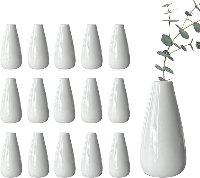 Modern White Ceramic Vase Set of 16 for Living Room Bedroom 5.1'' Minimalist Fresh Flower Vases for Home Decor Office Fireplace Centerpieces Nordic Style Gift for Fake Plant 16 Pack