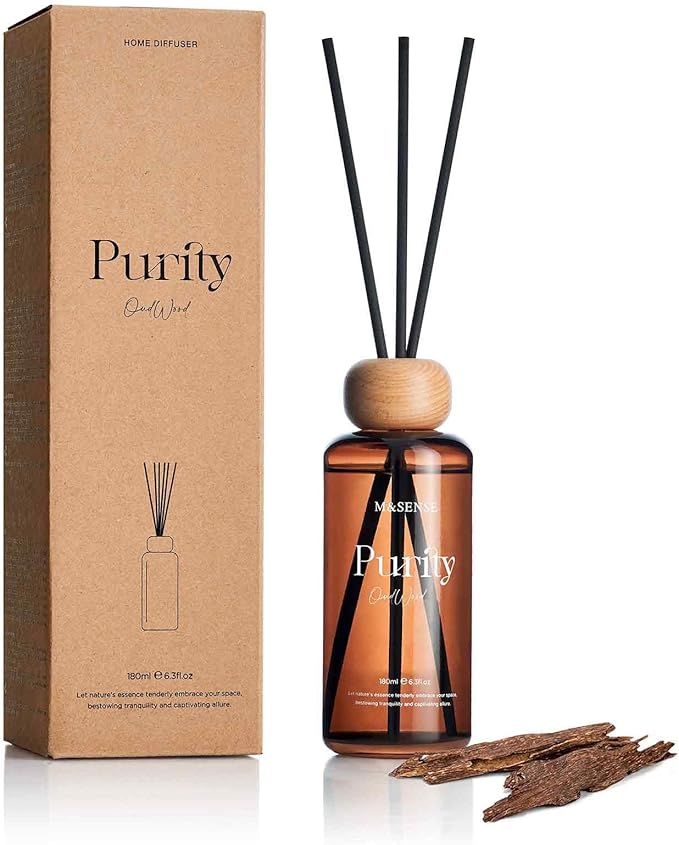 M&SENSE Oud Wood Scent Reed Diffuser | 6.3 fl oz Natural Essential Oil Diffuser with Sticks, Non-Toxic Housewarming Aromatherapy Diffuser Gift for Bathroom & Shelf Decor