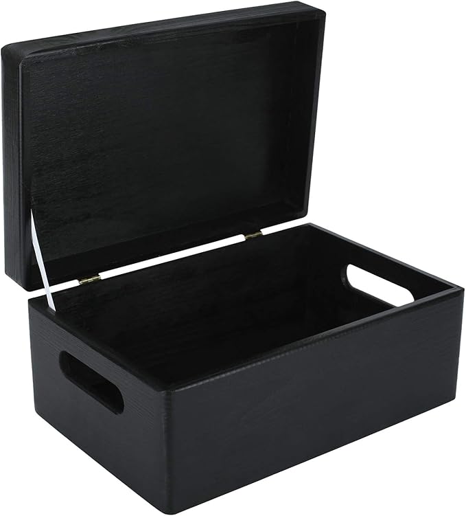 Large Black Wooden Box Storage with Hinged Lid | 11.8 x 7.87 x 5.51 inches (+-0.5) | with Handles | Gift Box for Tool Dog Shoes Clothes Kitchen Storage | Wood Keepsake Chest