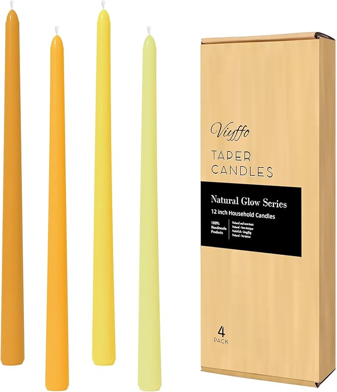 Viyffo Taper Candles 12 Inch 4 Pack Yellow, 9 Hour Burn Unscented Dripless & Smokeless Decorative Candles for Dinner, Wedding & Home Decor