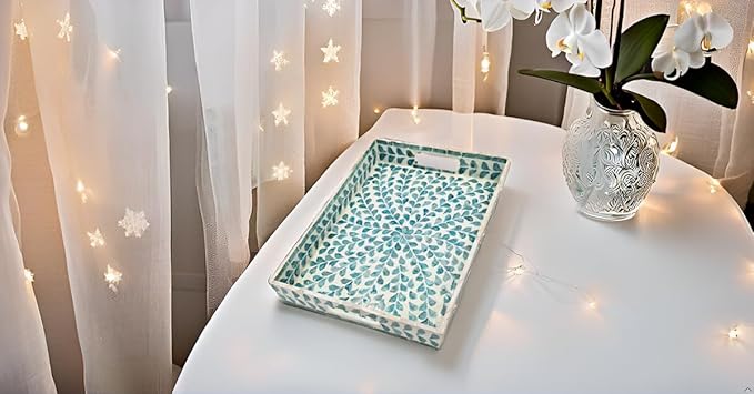 PEMAR Rectangular Mother of Pearl Serving Tray Nacre Wood Lap Ottoman Tray for Coffee Table, Luxury Decorative Handmade Eating Platters w Insert Handles (Teal Floral Pattern)