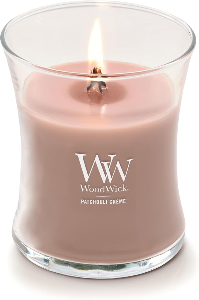 WoodWick Patchouli Crème Medium Hourglass Candle, Crackles as it Burns, Up to 65 hrs Burn time, Perfect for Gifting, 9.7 oz