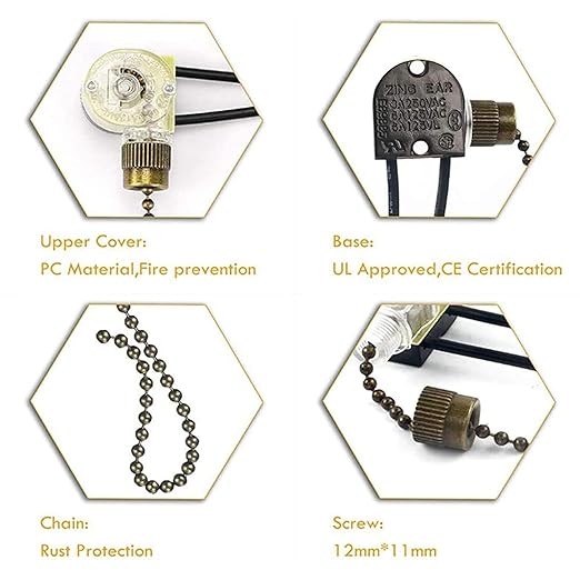 Ceiling Fan Light Switch Zing Ear Pull Chain ZE-109 Fan Light Switch, On-Off Speed with Pull Chain Compatible with Ceiling Fans, Lamps and Wall Lights (2, Bronze)