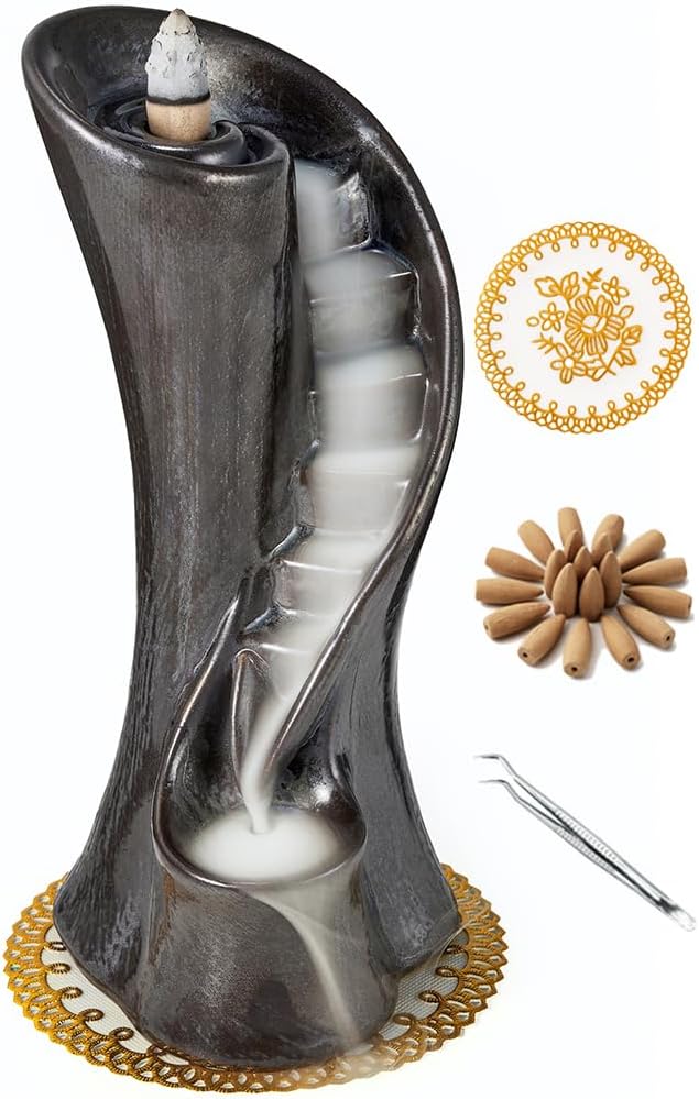Unique Cloud Stairs Ceramic Waterfall Incense Holder, Paired with a Pack of Backflow Incense Cones. (Metallic)
