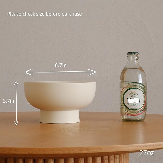 High-foot Fruit Bowl, Ceramic Pedestal Decorative Bowl, Round Bowl for Salad, H3.8" × W6.7" Small Size, 27oz, Matte Crème