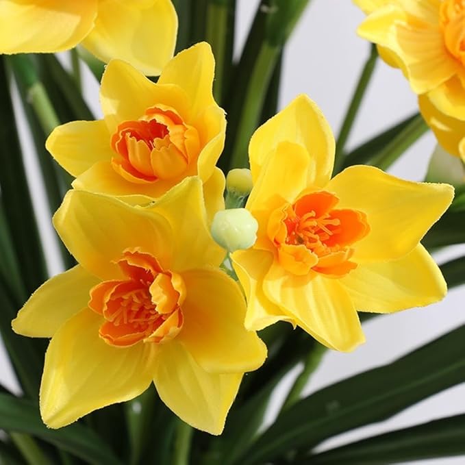 Artificial Flowers for Vases 17.7 Inch 10 Stems， Silk Dried Fake Mums Bouquet Indoor Faux Floral Arrangements for Decoration (Yellow Narcissus)