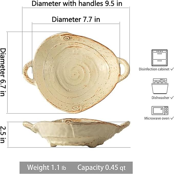 Free-Form Edge Ceramic Bowl with Handles, Size Small, Retro Distressed Style Glazed for Fruit Bowl,Salad Bowl,Table Centerpiece Decor