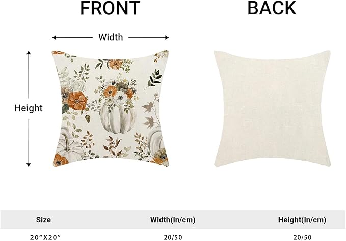 Fall Pillow Covers 20 x 20 Inch, Watercolor Grey Pumpkin Floral Leaf Decor Throw Pillows for Home Couch Bed, Autumn Harvest Thanksgiving Decorative Pillowcase Linen Cushion Cover Set of 2