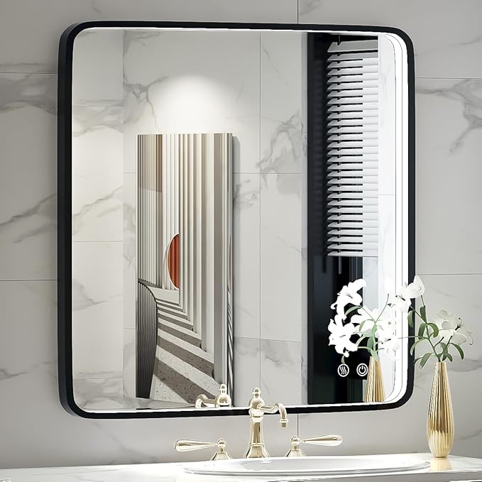 36X36 Inch Black Frame Bathroom with Lights,Wall Mounted Lighted Vanity Mirror,Anti Fog Dimmable Led Mirror for Makeup(Horizontal/Vertical)