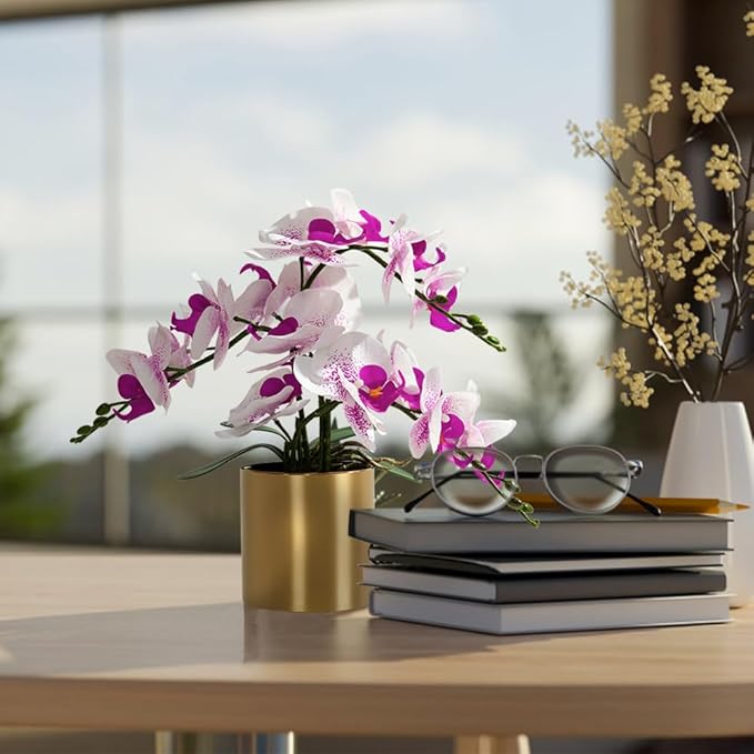LESING Artificial Orchid Flower with Vase Realistic Orchids Faux Flower Fake Orchid Bonsai Plants in Pot Arrangement for Home Wedding Party Dining Table Centerpiece Decor (White Purple,Gold Vase)