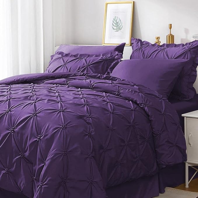 JOLLYVOGUE Purple Cal King Size Comforter Sets 7 Pieces, Pintuck Bed in a Bag Comforter Set for Bedroom, Bedding Comforter Sets with Comforter, Sheets,Ruffled Shams & Pillowcases
