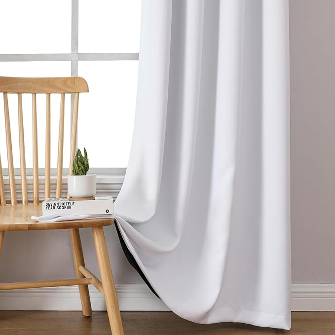 ChrisDowa White 100% Blackout Curtains for Bedroom with Black Liner, 2 Thick Layers Total Blackout Thermal Insulated Grommet Long Window Curtains 2 Panels Set (Pure White, 52 x 95 Inch)