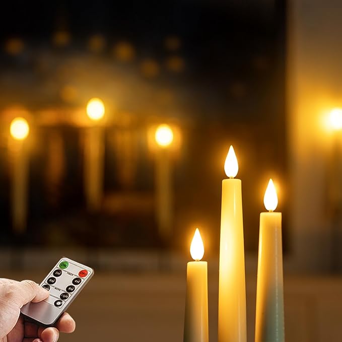Homemory 3 Pcs Waxy Flameless Taper Candles with Remote, Flickering Battery Operated Classic Tall Candles for Home, Wedding, Party, Ivory, 9.6 inches
