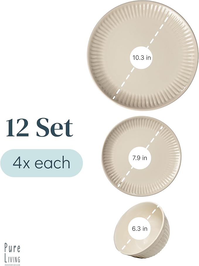 Stoneware Dinnerware Set for 4 People HYGGE 12-Piece - Elegant Scandi Design - Premium Dish Set - Bowl and Plate Set - Tableware for 4 People in a Ribbed Design - Pure Living in Light Brown