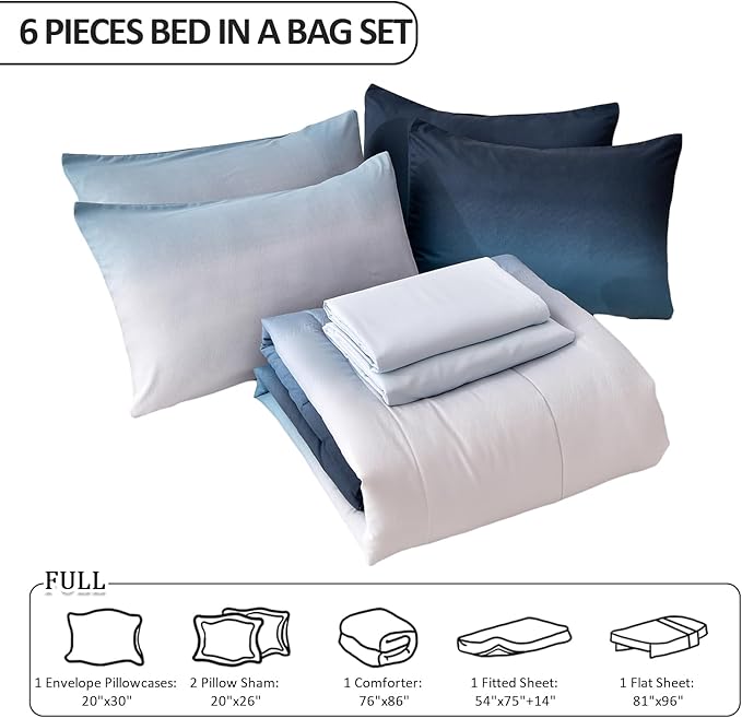 Anibedding Gradient Blue Twin Comforter Set - 6 Pieces Ombre Navy Blue White Microfiber Bed in a Bag - All Season Down Alternative Light Ocean Sea Blue Abstract Bedding Set for Teen Boys Girls Women