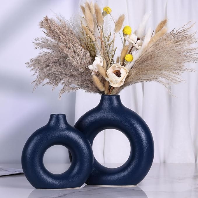 Blue Ceramic Vases Set - 2 Circular Donut Vases for Farmhouse or Country Style Decor, Modern Blue Accents for Living Room, Table Centerpiece, Fireplace Mantel or Entryway Shelf Decoration