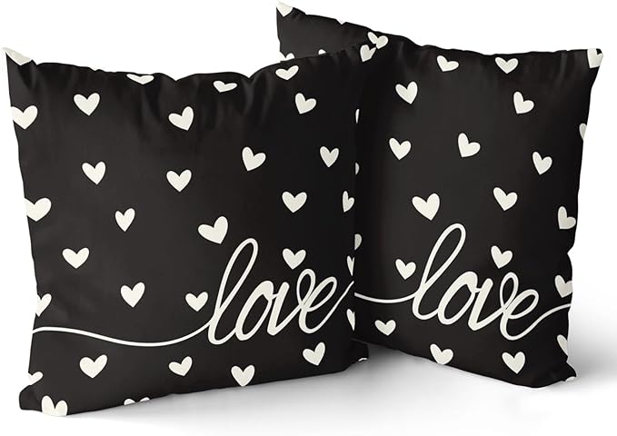 Giwawa Valentines Day Pillow Covers Set of 2 Black Love Hearts Throw Pillowcases Romantic Decorative Double Sided Cotton Square Cushion Covers 20x20inch for Sofa Couch Bedding Wedding Anniversary