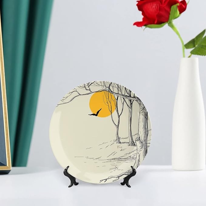 8 Inch Decorative Plate, Apartment Decor Ceramic Plate, Full Moon in Forest with Dry Branch Gull Tranquil Calm Nature Print Ceramic Wall Hanging Decor Accessory for Dining Table Tabletop Home Decor
