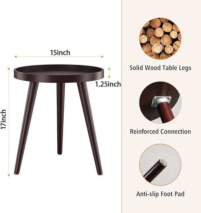 Apicizon Round Side Table, Brown Tray Nightstand Coffee End Table for Living Room, Bedroom, Small Spaces, Easy Assembly Bedside Table, 15 x 18 Inches