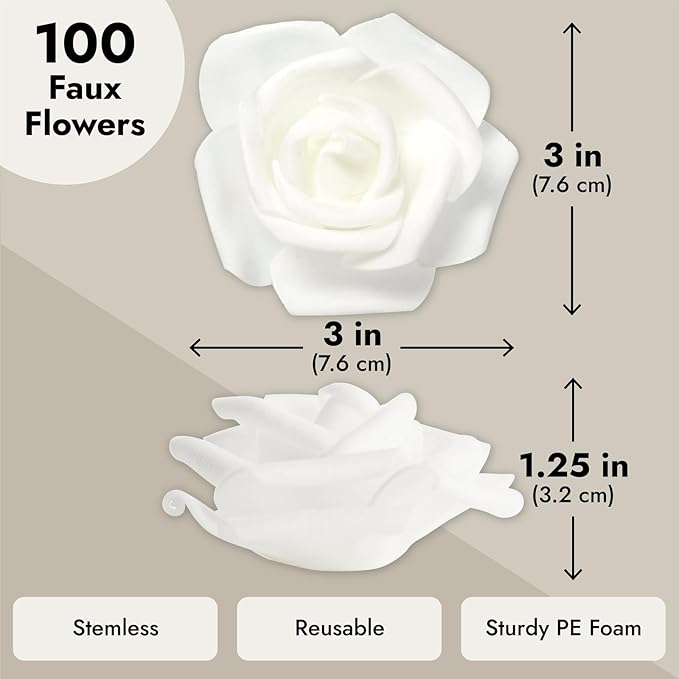 Juvale White Flowers Artificial Roses - Artificial Flowers for Wedding Decor & Centerpiece Table Decorations - 100-Pack, 3 in Diameter, White