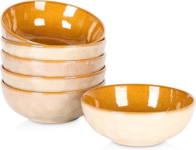 vicrays Ceramic Salad Bowls Set for Kitchen, Serving - 32 Ounce Soup Bowls, Pasta Bowls, Chip Resistant, Dishwasher Microwave Safe, Large, Fluted, stoneware, Set of 6 (Beige)