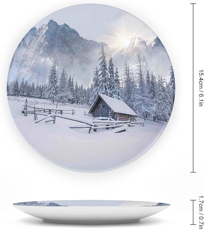 6 Inch Decorative Plate, Winter Porcelain Plate, Old Farm House by Mountain in Cold Times Rural Nature Print Ceramic Wall Hanging for Fine Dining For Upscale Events, Dinner Parties, Weddings, Catering