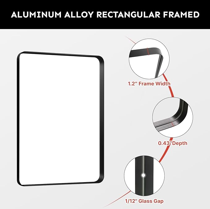 Kosmonia 20x16 Bathroom Vanity Mirror for Wall, Aluminum Framed, Farmhouse Rectangle, Anti-Rust, HD Reflection Anti-Desilvering, Distortion Free, Tempered and Shatter-Proof Wall Mounted Mirror, Black