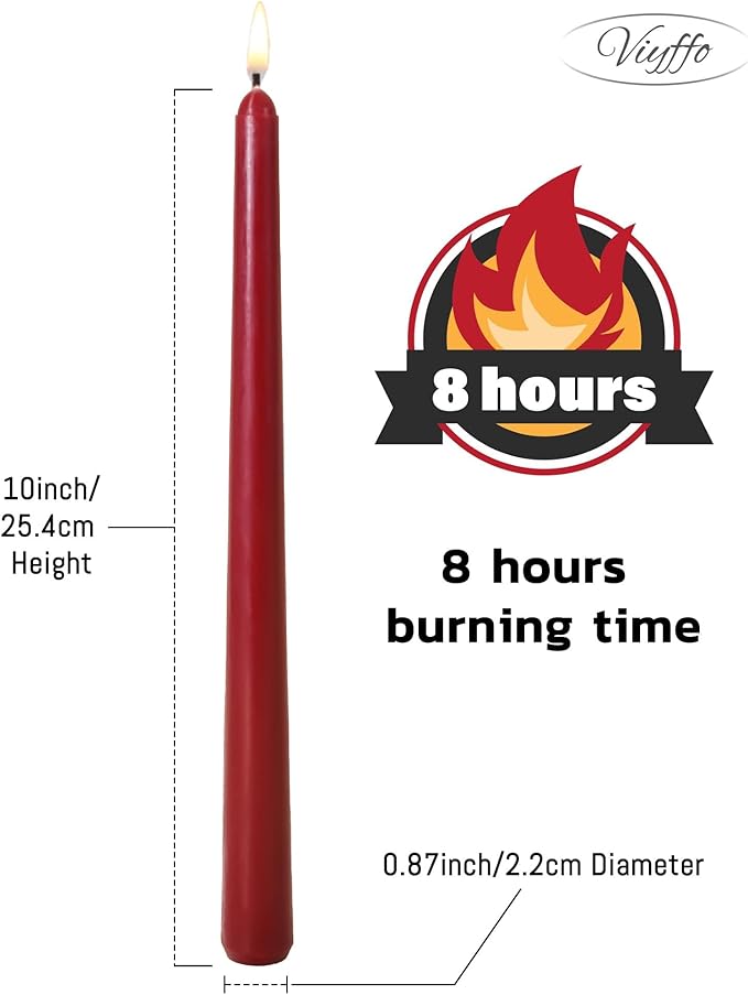 Viyffo Taper Candles 10 Inch – 12 Pack Wine, Dripless, Unscented, Smokeless – 8 Hour Burn – Tall Candlesticks for Wedding, Dinner, Holiday, Party, Home Decor