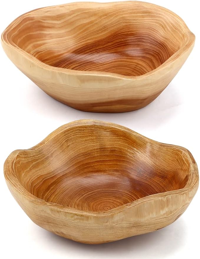 Varku 2PCS Decorative Wooden Bowls, Wood Fruit Bowls for Serving Fruits Candy Desserts, Creative Handmade Natural Wooden Pans, Rustic Wood Pans for Home Decor