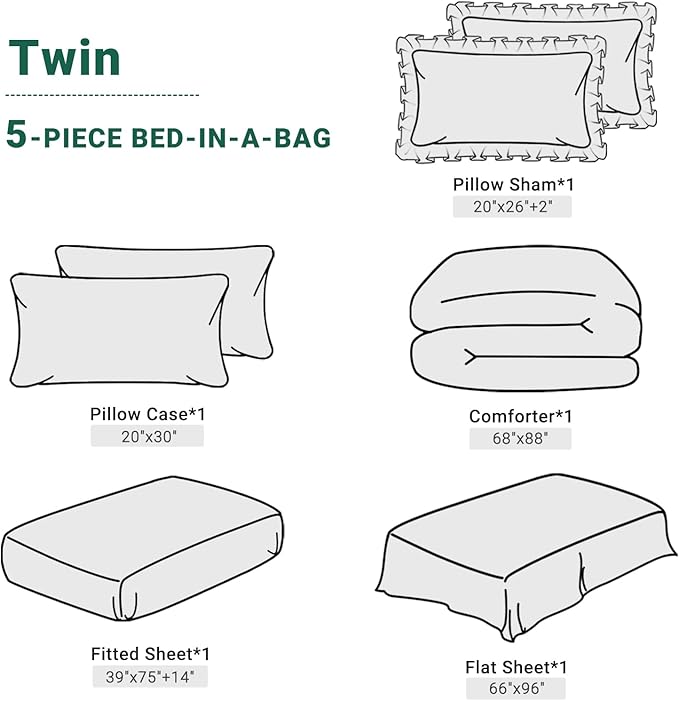 JOLLYVOGUE Green Twin Size Comforter Sets 5 Pieces, Pintuck Bed in a Bag Comforter Set for Bedroom, Bedding Comforter Sets with Comforter, Sheets,Ruffled Shams & Pillowcases