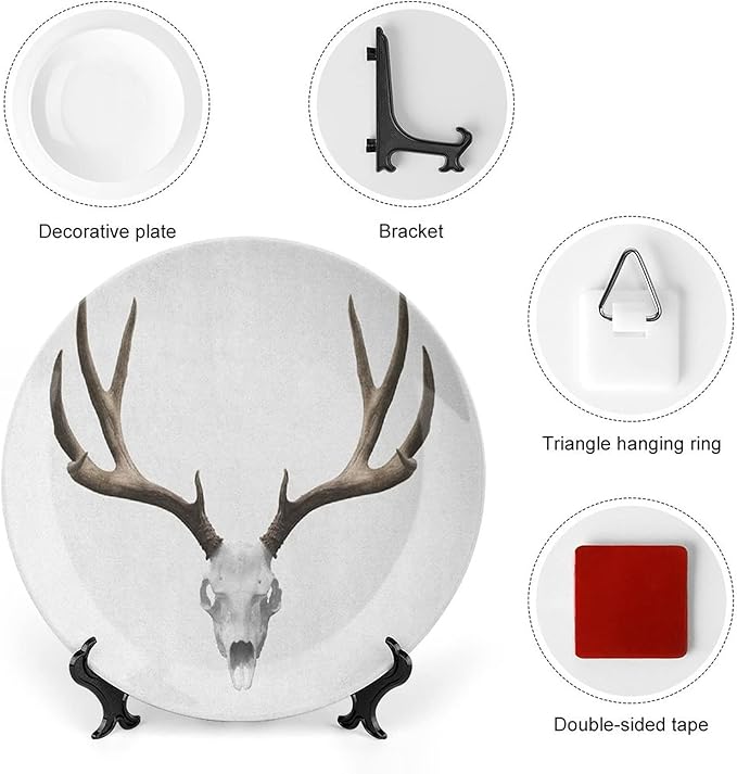 XISUNYA 10 Inch Decorative Plate, Antlers Ceramic Stoneware, Deer Skull Skeleton Head Bone Halloween Print Ceramic Display Plate for Decorative Ornaments Giving Plates, 1 Plate with 1 Display Stand
