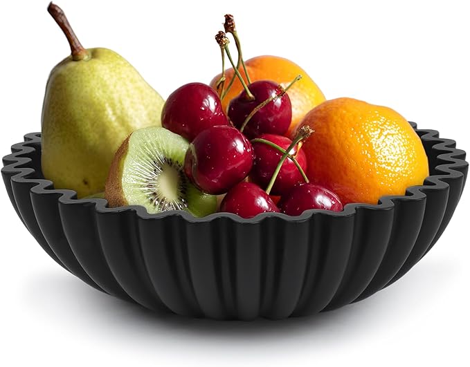 Large Decorative Bowl for Home Decor - Centerpiece for Coffee Table,Dining Table,Kitchen, Entryway Key bowl & Fruit Display - Modern Concrete Stone Design (Black)