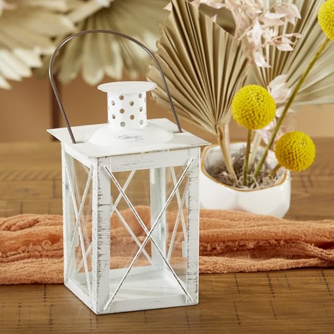 Kate Aspen Rustic Shelf Decor Luminous Vintage Tea Light Votive Candle Holders, Medium Metal Decorative Lantern, Distressed White