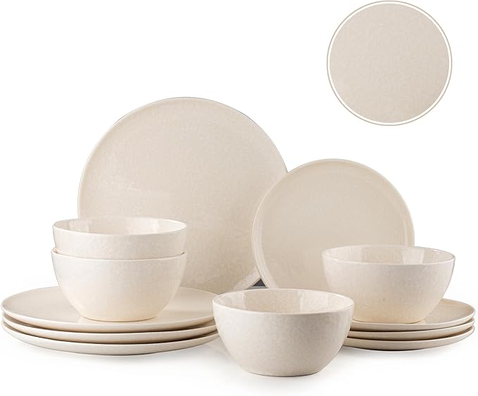 Plates and Bowls Sets,12 Pieces Beige Dinnerware Sets for Kitchen, Reactive Glaze Dishes Set for 4, Dishwasher and Microwave Safe, Series Starflecked Shore (Beige)