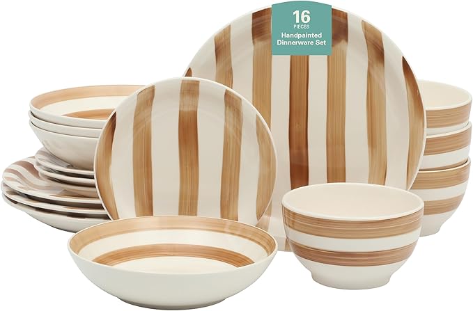 Gibson Home Kenwood Shores 16 Piece Dinnerware Set, Brown Striped, Stoneware, Hand-Painted Plates and Bowls, Service for 4, Microwave & Dishwasher Safe