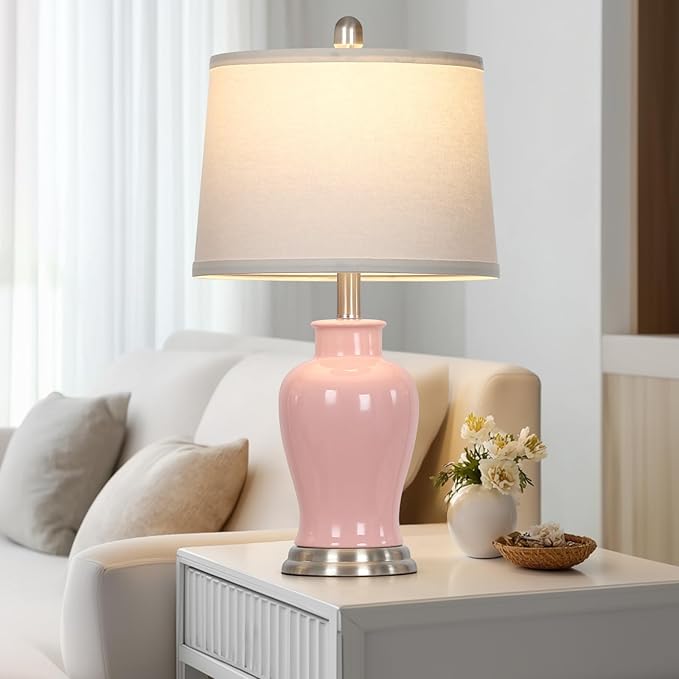 23" Pink Ceramic Table Lamps for Living Room, Modern Ceramic Lamps with Ginger Jar Design, Cute Bedside Lamp Set of 2, Elegant Bedroom Lamp for Nightstand Dining Room Side End Table Homedecor