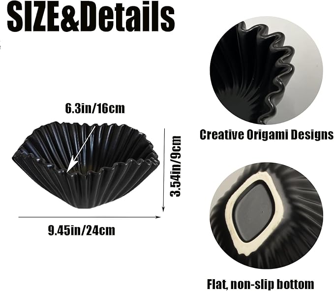 9.45 Inch Decorative Bowl, Black Modern Ceramic Decorative Bowl for Kitchen Counter Dining Table Centerpiece,Ruffle Ceramic Fruit Bowl Key Bowl Candy Bowl Farmhouse Home Decor