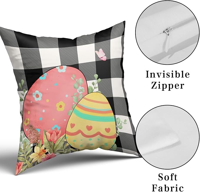 Giwawa Easter Pillow Covers 16x16 Inch, Easter Bunny Eggs Throw Pillowcases with Black White Buffalo Plaids, Cute Rabbit Spring Flower Cotton Cushion Cover for Sofa Couch Bedding Decor, Set of 2