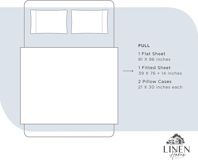 Linen Home 100% Cotton Percale Sheets Full Size, Blue Duck Egg, Deep Pocket, 4 Pieces Set - 1 Flat, 1 Deep Pocket Fitted Sheet and 2 Pillowcases, Crisp Cool and Strong Bed Linen