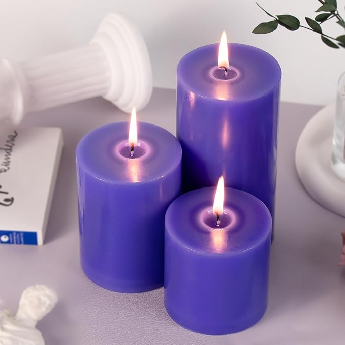 KONNI Violet Pillar Candles Set of 3, 3"x 6" Unscented Pillar Candles Bulk, 56 Hours Long Burning Candles, Smokeless and Dripless Large Round Candle for Wedding, Home Decoration, Parties, Spas, Dinner