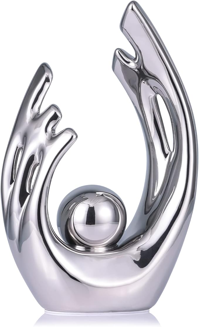 9.5" H Silver Aesthetic Room Decor Accent, TV Stand Funky Table Centerpiece, Abstract Art Ceramic Statue and Sculpture, Silver Decor for Living Room, Bookshelf Decorative Objects, Shelf
