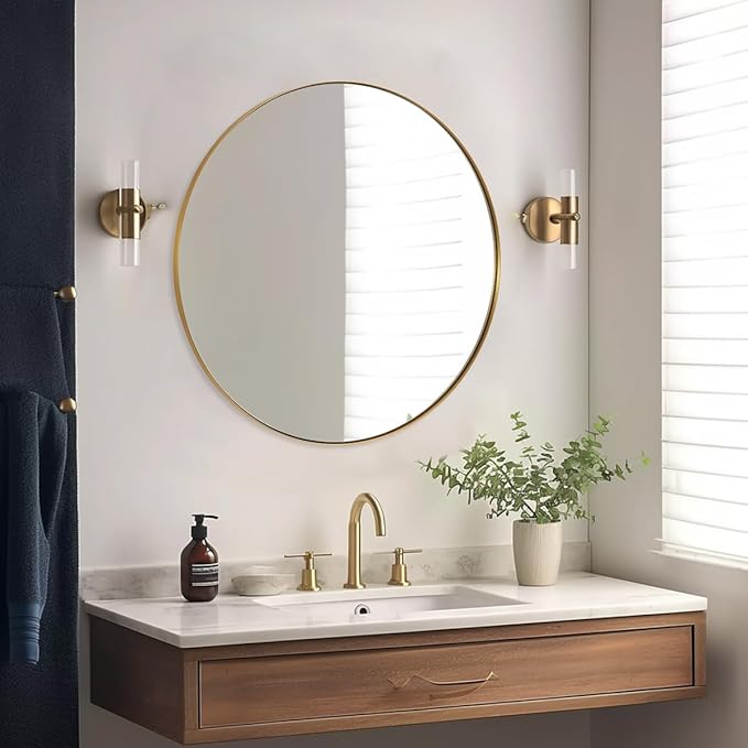 ANDY STAR Gold Round Mirror, 36’’ Brushed Gold Circle Bathroom Mirrors in Stainless Steel Metal Frame 1" Deep Set Design
