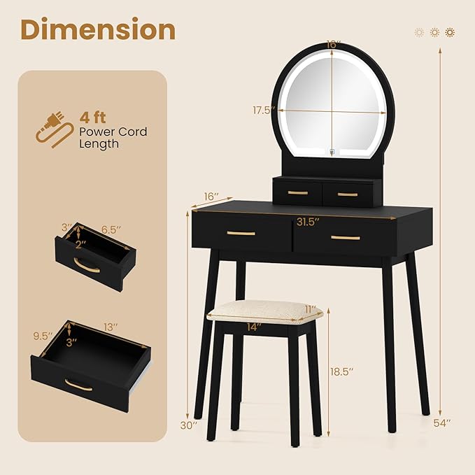 CHARMAID Vanity Desk with Mirror and Lights, Modern Makeup Vanity Table with 4 Drawers, 3-Color Dimmable LED Mirror, Girls Dressing Table and Stool Set for Small Bedroom (Black)