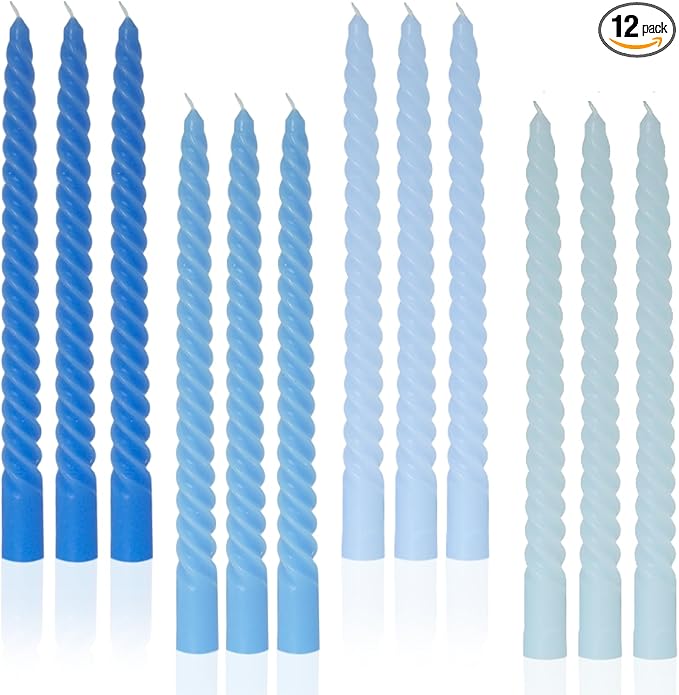 Taper Candle Blue Spiral Candle Sticks,Unscented Pastel Candle for Holiday,Wedding and Home Decoration,10inch,12 Pack(E-Gradient Blue)