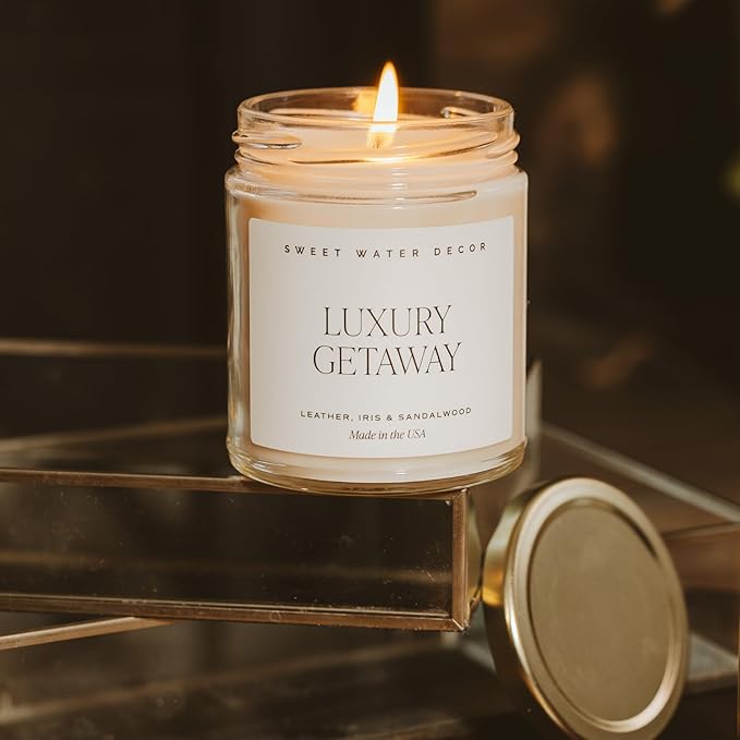 Sweet Water Decor Luxury Getaway Scented Candles - Soy Candles with Lemon, Cedarwood, Cinnamon, Vetiver, Amber & Musk Home Scent - Candle Wax with 40 Hours Burn Time - 9Oz Gold Lid Clear Jar Candles
