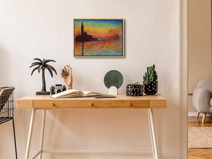 Wieco Art Framed Art Dusk in Venice by Claude Monet Oil Paintings Reproduction Modern Canvas Prints Landscape Pictures Artwork for Home office Decorations Bronze Gold Frame