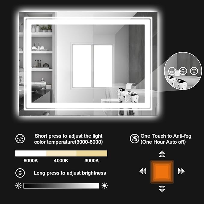 LED Bathroom Mirror, 48"X40" with Front and Backlit, Anti-Fog, Large Bathroom Vanity Mirror for Wall, Memory Function, Stepless Dimmable, Tempered Glass (Horizontal/Vertical)
